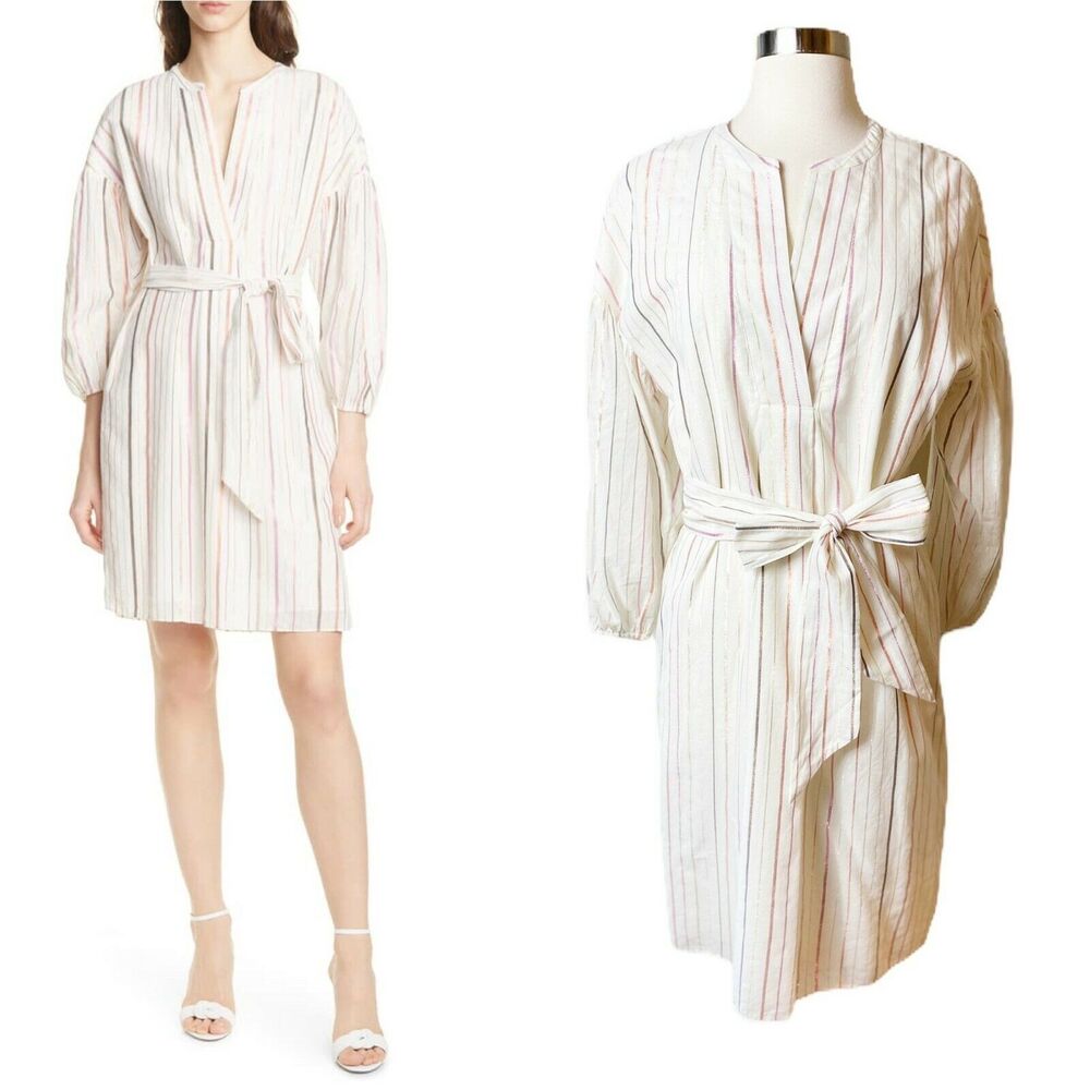 JOIE Shift Shirt Dress Semra Ivory Shimmery Stripes Porcelain Cotton Belted XS
